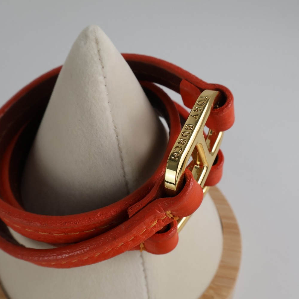 Tory Burch Orange Leather Triple Wrap Bracelet Gold Logo Hardware Small Wrist - Picture 4 of 5